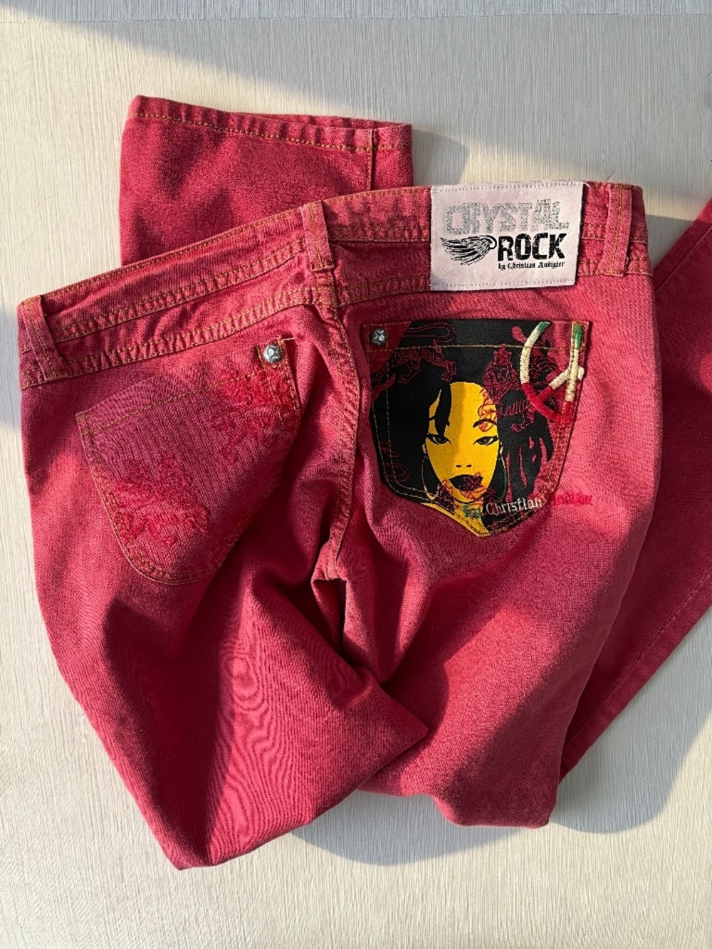 Crystal Rock Christian Audigier Pink Red Y2K Jeans Fits Medium